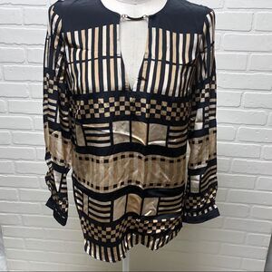 NWT Tracy Reese NEW Beige Black Geo-Stripe Split Sleeve Silk Blouse